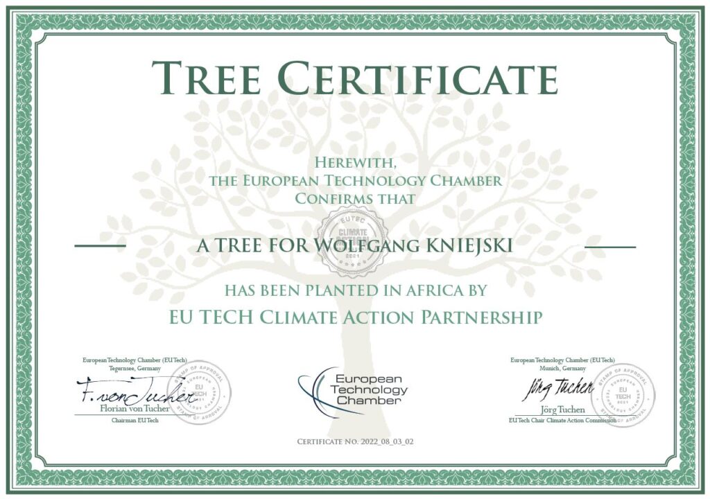 This image shows DrWolfgang Kniejski's tree certificate