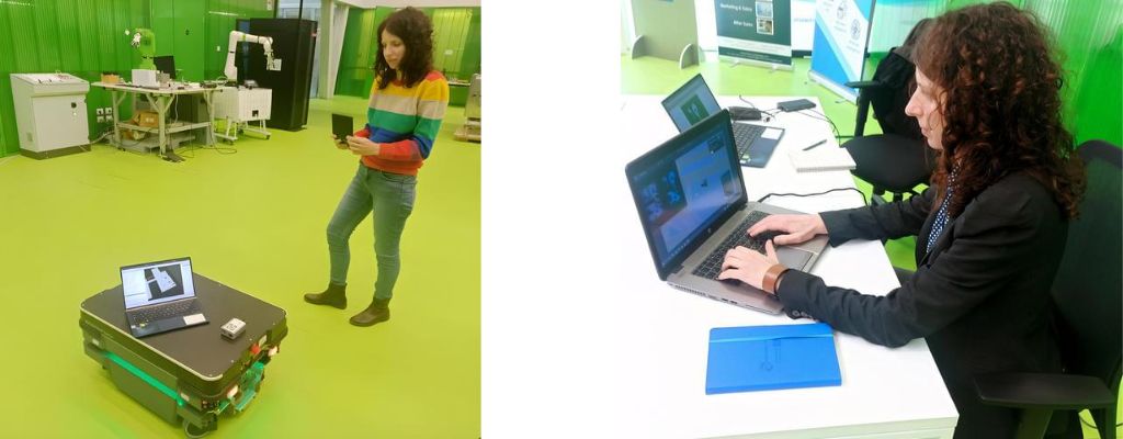 Two picture from Paola Bonesu's lab, one showing her in front of a robotic arm, one working on a laptop.