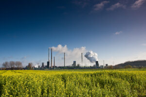 A steel complex at the river Rhine in Duisburg, Germany. A big cokes factory and blast furnaces dominate the landscape here.