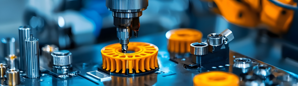 Closeup view of an injection molding machine producing plastic components in an industrial manufacturing facility