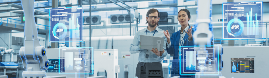 Electronics Factory Assembly Line Digitalization: Automated Robot Arms Manufacturing Advanced Equipment.