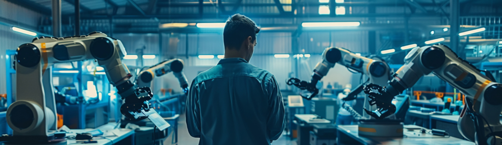 Engineers programming collaborative robots co bots in a smart factory, embodying the principles of Industry 5.0