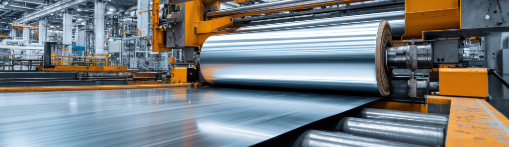 Industrial metal rolling machine processing a large sheet of metal in a factory setting indoors