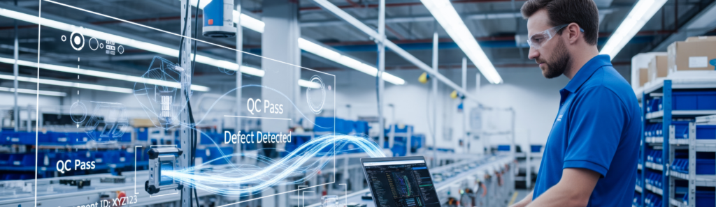 Industry 4.0 Quality Control Concept with engineer using laptop on factory production line, augmented reality interface showing automated defect detection process