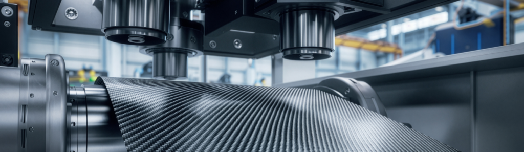 An automated machine winding carbon fiber filaments around a cylindrical missile body.