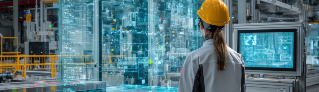 Industry 5.0 smart facility with woman controlling automated machinery, project engineer reviewing system efficiency on nearby screen